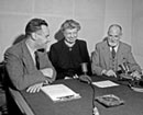 16 June 1947 Radio roundtable discussion on the International Bill of Rights, United Nations, Lake Success, New York (from left to right): Mrs. Eleanor Roosevelt (centre), Chairman of the Commission on Human Rights (USA), and Mr. René Cassin (right), Representative of France to the Commission, interviewed by Mr. Georges Day, UN Radio Commentator (France).